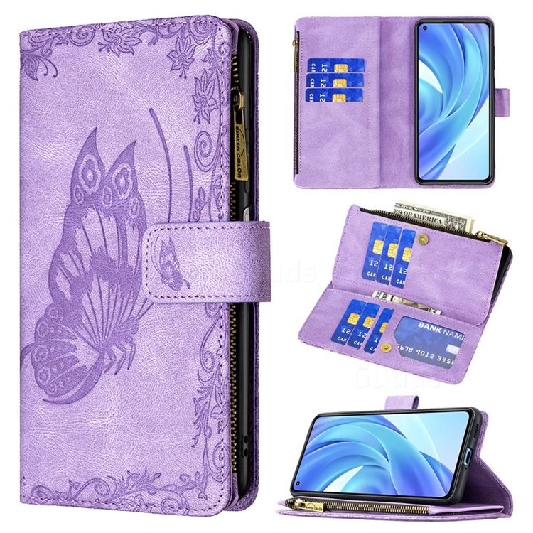 Binfen Color Imprint Vivid Butterfly Buckle Zipper Multi-function Leather Phone Wallet for Xiaomi Mi 11 Lite - Purple