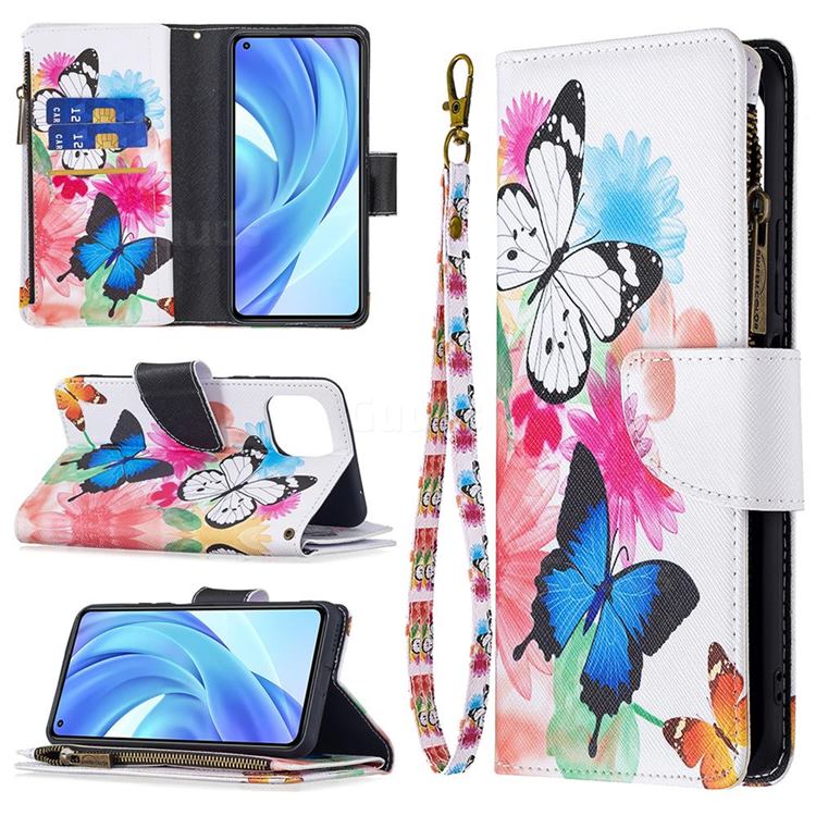 Vivid Flying Butterflies Binfen Color BF03 Retro Zipper Leather Wallet Phone Case for Xiaomi Mi 11 Lite