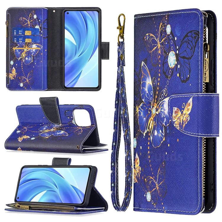 Purple Butterfly Binfen Color BF03 Retro Zipper Leather Wallet Phone Case for Xiaomi Mi 11 Lite