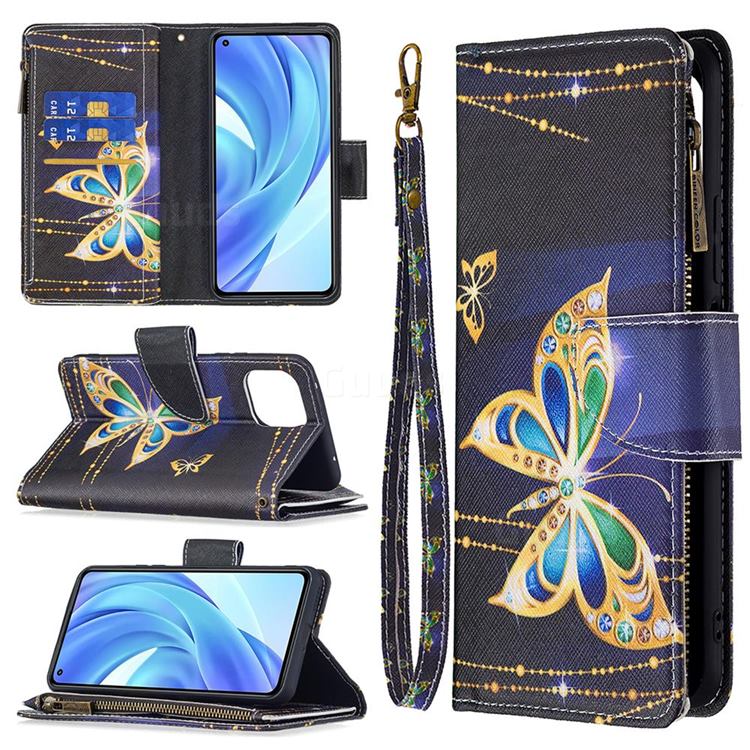 Golden Shining Butterfly Binfen Color BF03 Retro Zipper Leather Wallet Phone Case for Xiaomi Mi 11 Lite