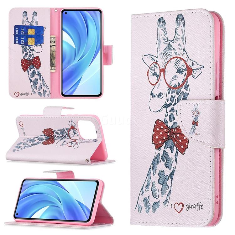 Glasses Giraffe Leather Wallet Case for Xiaomi Mi 11 Lite