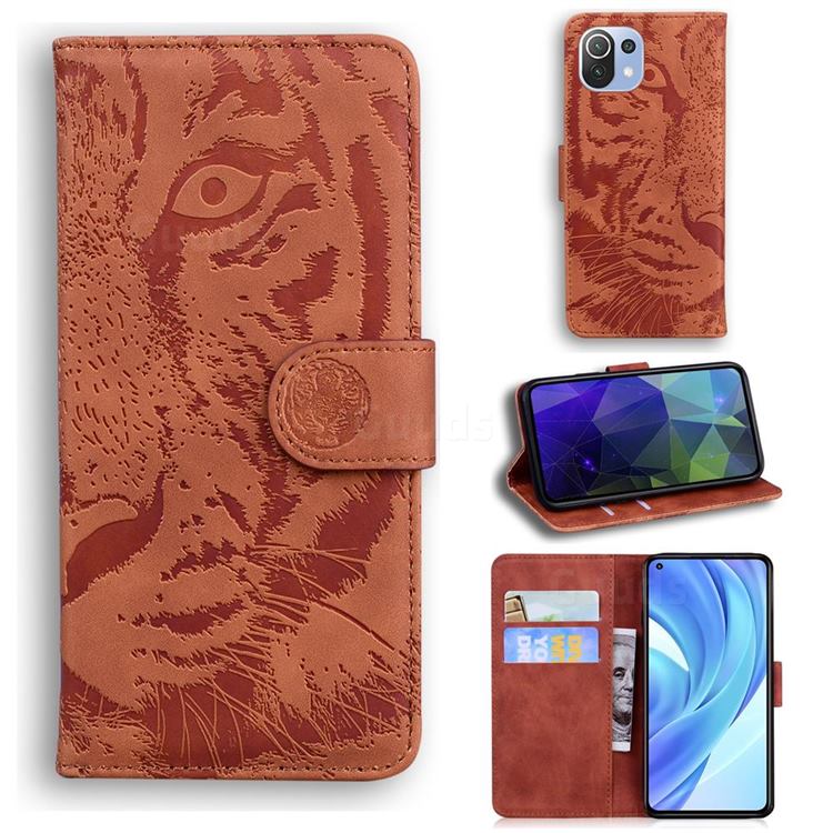 Intricate Embossing Tiger Face Leather Wallet Case for Xiaomi Mi 11 Lite - Brown