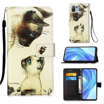 Cat Confrontation Matte Leather Wallet Phone Case for Xiaomi Mi 11 Lite