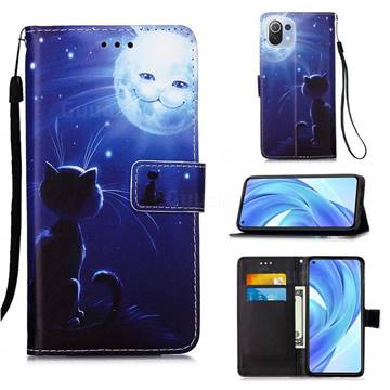 Cat and Moon Matte Leather Wallet Phone Case for Xiaomi Mi 11 Lite