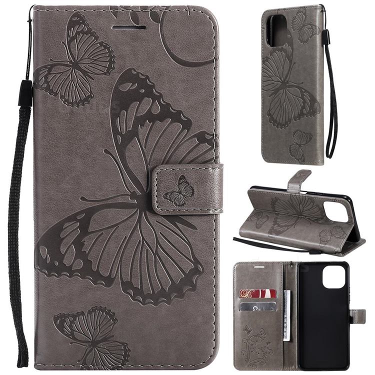 Embossing 3D Butterfly Leather Wallet Case for Xiaomi Mi 11 Lite - Gray