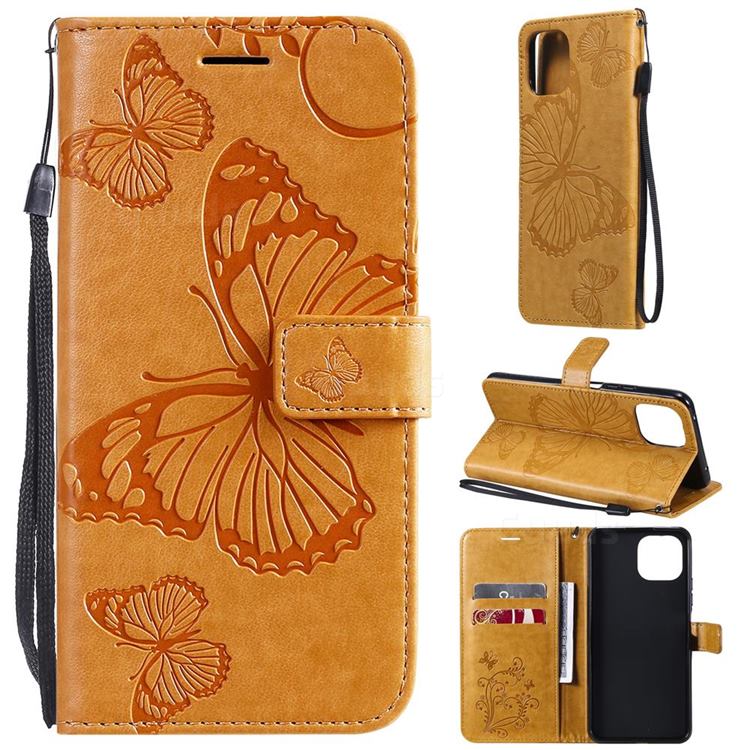 Embossing 3D Butterfly Leather Wallet Case for Xiaomi Mi 11 Lite - Yellow