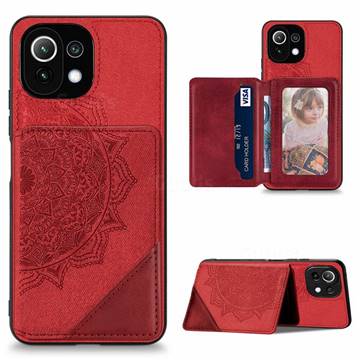 Mandala Flower Cloth Multifunction Stand Card Leather Phone Case for Xiaomi Mi 11 Lite - Red