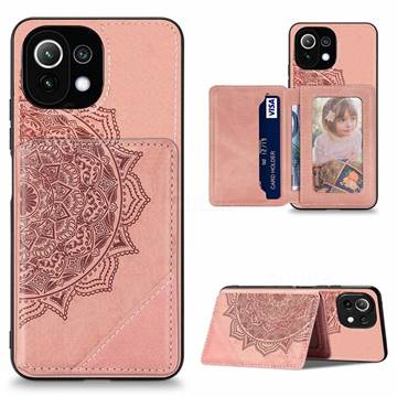 Mandala Flower Cloth Multifunction Stand Card Leather Phone Case for Xiaomi Mi 11 Lite - Rose Gold