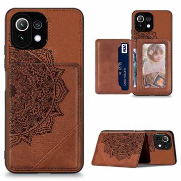 Mandala Flower Cloth Multifunction Stand Card Leather Phone Case for Xiaomi Mi 11 Lite - Brown