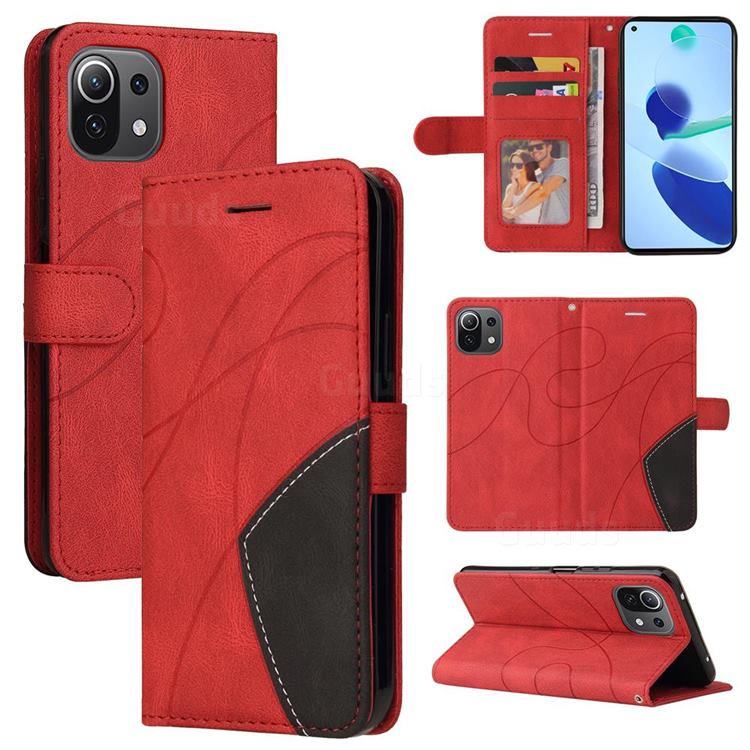 Luxury Two-color Stitching Leather Wallet Case Cover for Xiaomi Mi 11 Lite - Red