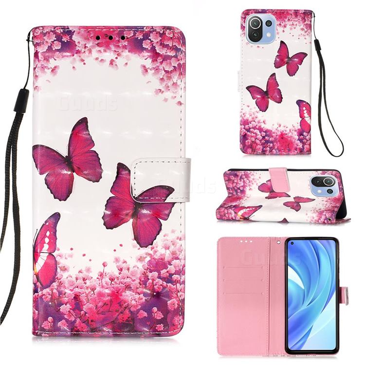 Rose Butterfly 3D Painted Leather Wallet Case for Xiaomi Mi 11 Lite