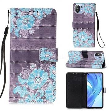 Blue Flower 3D Painted Leather Wallet Case for Xiaomi Mi 11 Lite