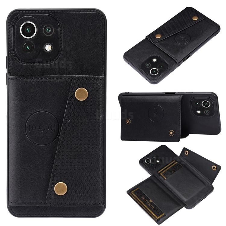Retro Multifunction Card Slots Stand Leather Coated Phone Back Cover for Xiaomi Mi 11 Lite - Black