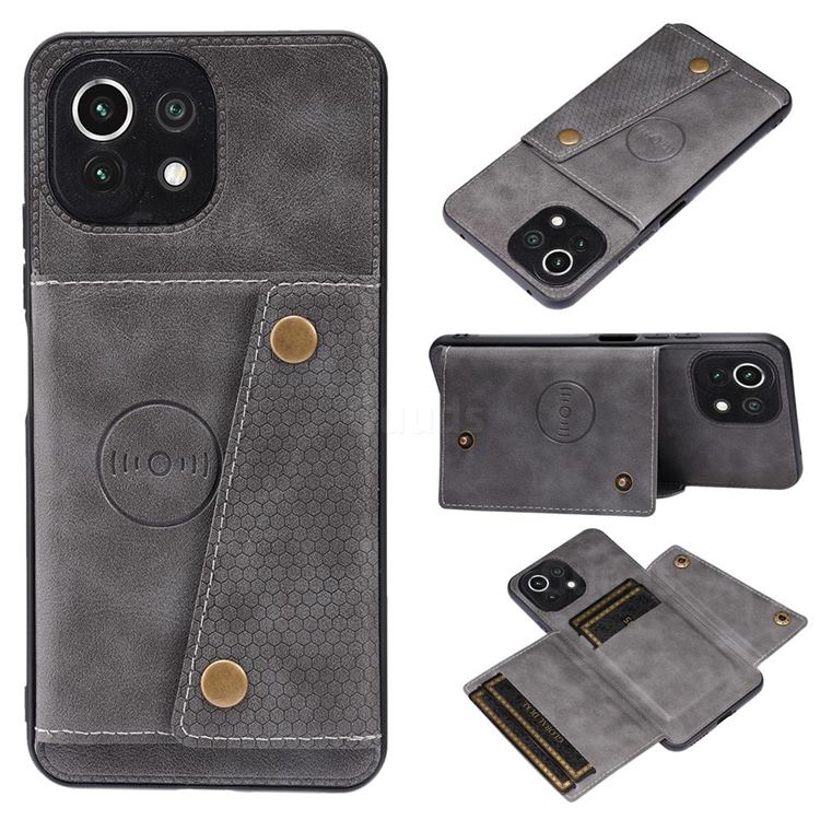 Retro Multifunction Card Slots Stand Leather Coated Phone Back Cover for Xiaomi Mi 11 Lite - Gray