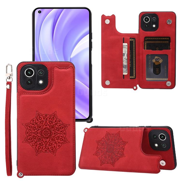 Luxury Mandala Multi-function Magnetic Card Slots Stand Leather Back Cover for Xiaomi Mi 11 Lite - Red