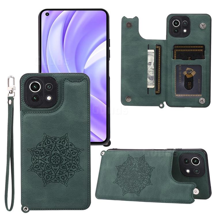 Luxury Mandala Multi-function Magnetic Card Slots Stand Leather Back Cover for Xiaomi Mi 11 Lite - Green