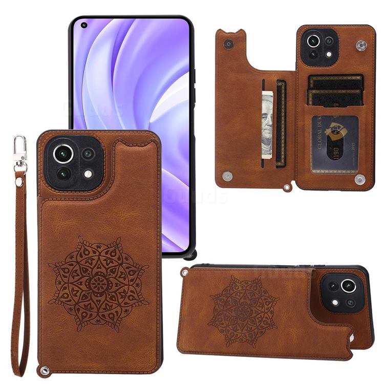 Luxury Mandala Multi-function Magnetic Card Slots Stand Leather Back Cover for Xiaomi Mi 11 Lite - Brown