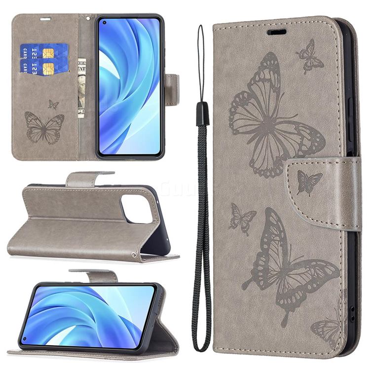 Embossing Double Butterfly Leather Wallet Case for Xiaomi Mi 11 Lite - Gray