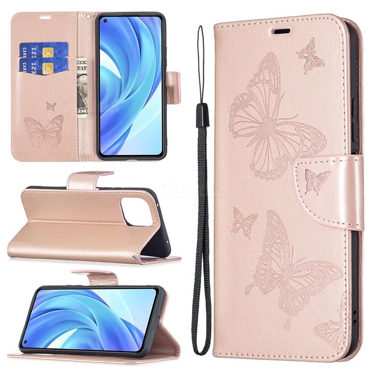 Embossing Double Butterfly Leather Wallet Case for Xiaomi Mi 11 Lite - Rose Gold