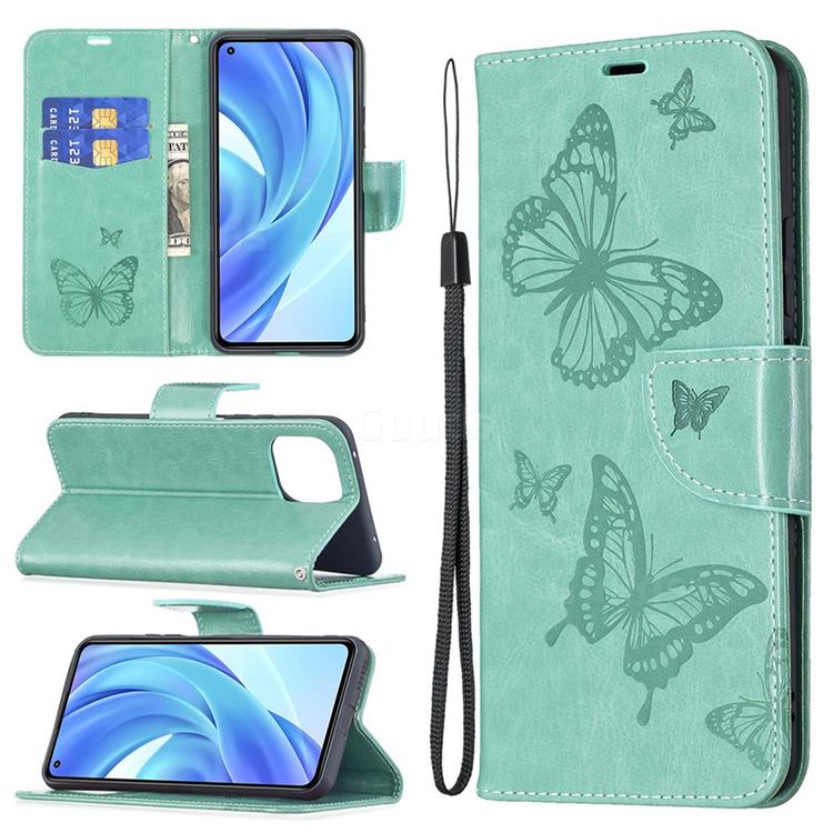 Embossing Double Butterfly Leather Wallet Case for Xiaomi Mi 11 Lite - Green