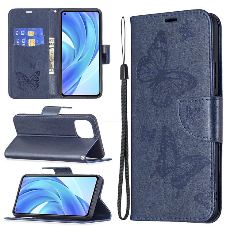 Embossing Double Butterfly Leather Wallet Case for Xiaomi Mi 11 Lite - Dark Blue