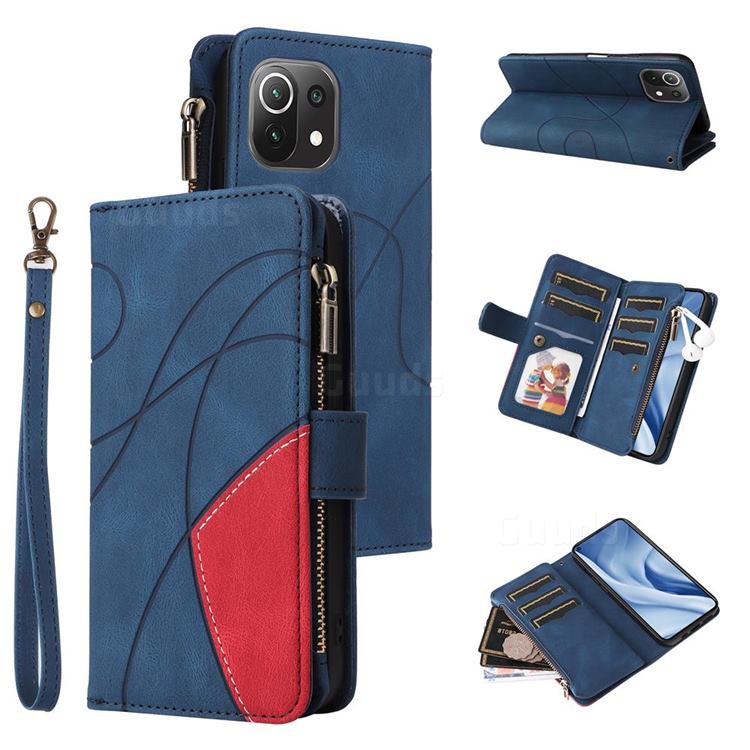 Luxury Two-color Stitching Multi-function Zipper Leather Wallet Case Cover for Xiaomi Mi 11 Lite - Blue