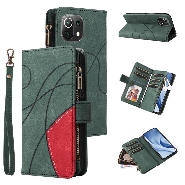 Luxury Two-color Stitching Multi-function Zipper Leather Wallet Case Cover for Xiaomi Mi 11 Lite - Green