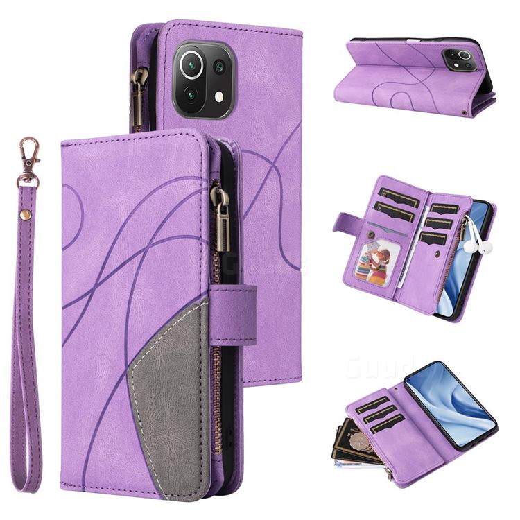 Luxury Two-color Stitching Multi-function Zipper Leather Wallet Case Cover for Xiaomi Mi 11 Lite - Purple