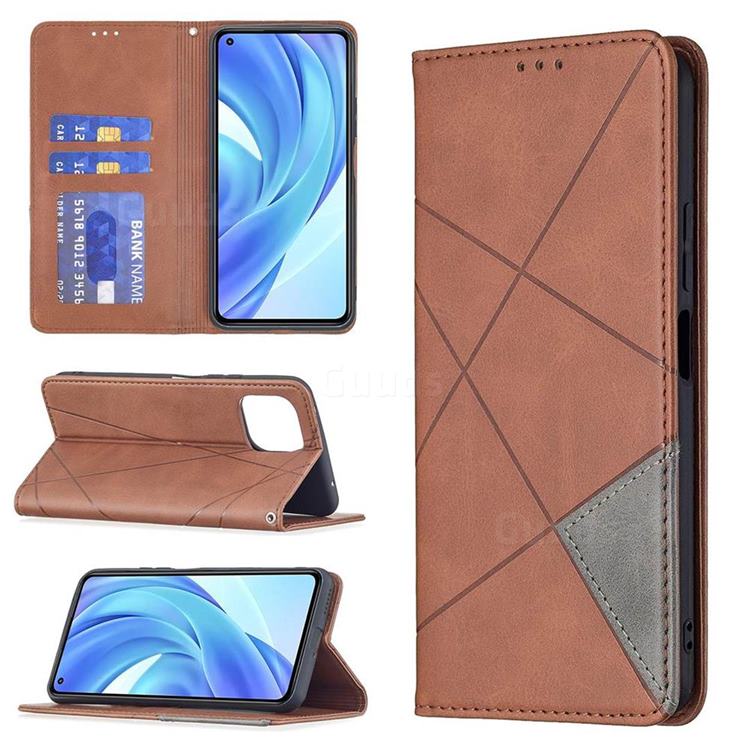 Prismatic Slim Magnetic Sucking Stitching Wallet Flip Cover for Xiaomi Mi 11 Lite - Brown