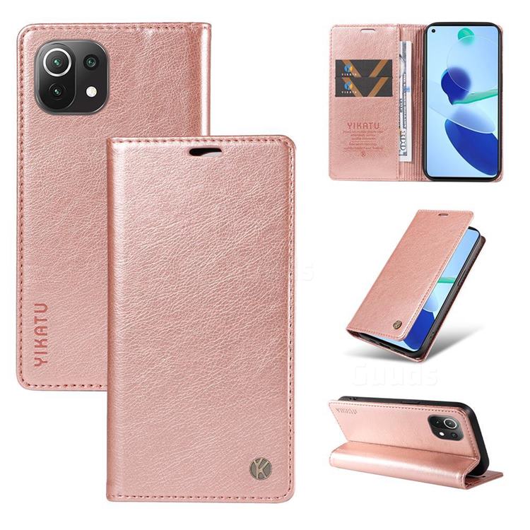YIKATU Litchi Card Magnetic Automatic Suction Leather Flip Cover for Xiaomi Mi 11 Lite - Rose Gold