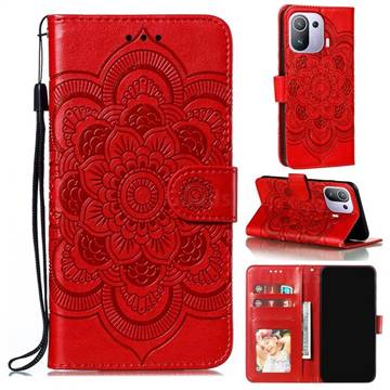Intricate Embossing Datura Solar Leather Wallet Case for Xiaomi Mi 11 Pro - Red