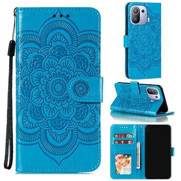 Intricate Embossing Datura Solar Leather Wallet Case for Xiaomi Mi 11 Pro - Blue