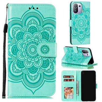 Intricate Embossing Datura Solar Leather Wallet Case for Xiaomi Mi 11 Pro - Green