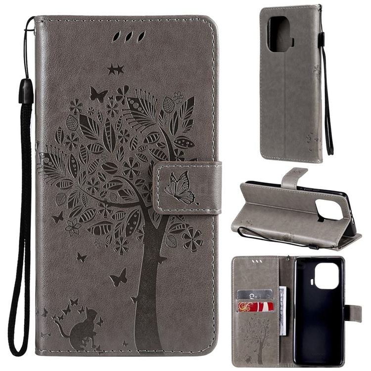 Embossing Butterfly Tree Leather Wallet Case for Xiaomi Mi 11 Pro - Grey