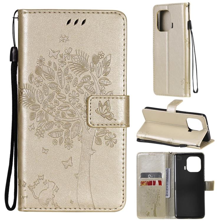 Embossing Butterfly Tree Leather Wallet Case for Xiaomi Mi 11 Pro - Champagne