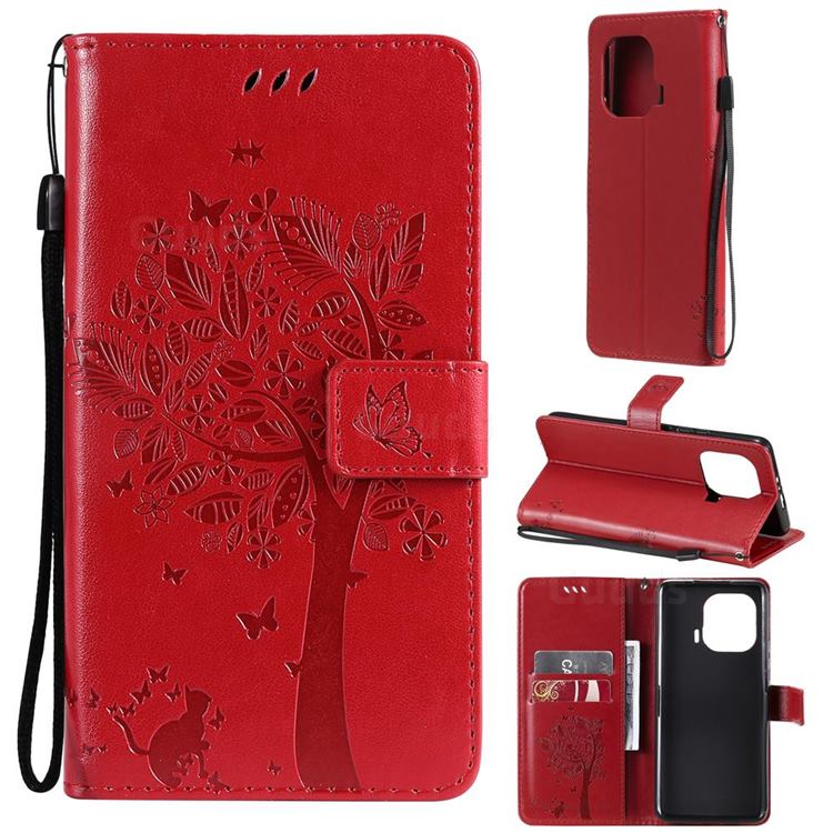 Embossing Butterfly Tree Leather Wallet Case for Xiaomi Mi 11 Pro - Red