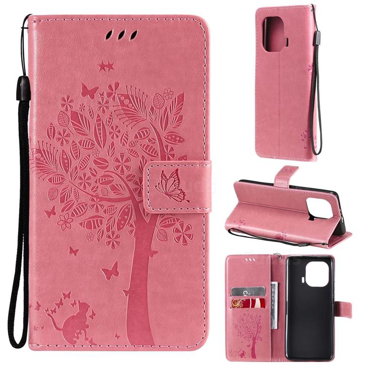 Embossing Butterfly Tree Leather Wallet Case for Xiaomi Mi 11 Pro - Pink