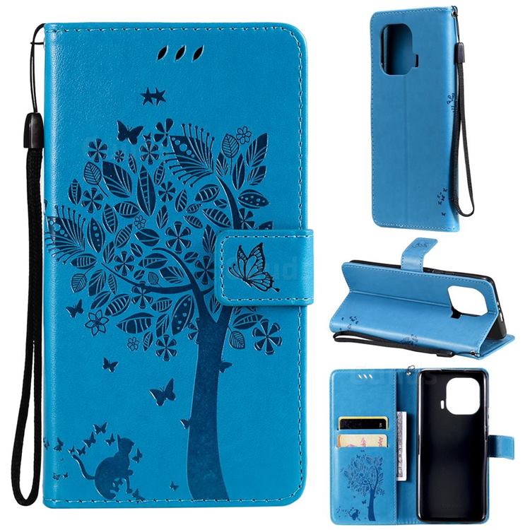 Embossing Butterfly Tree Leather Wallet Case for Xiaomi Mi 11 Pro - Blue
