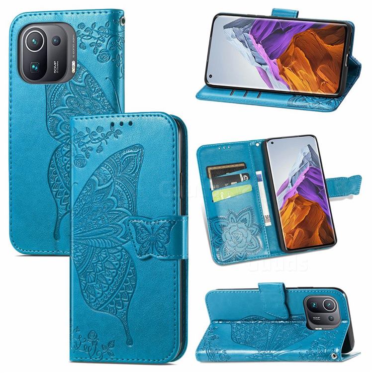 Embossing Mandala Flower Butterfly Leather Wallet Case for Xiaomi Mi 11 Pro - Blue