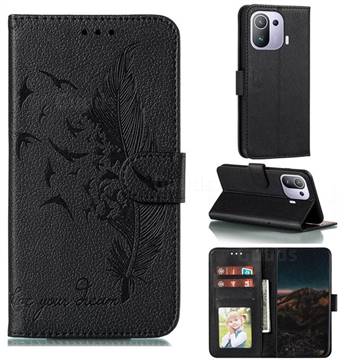Intricate Embossing Lychee Feather Bird Leather Wallet Case for Xiaomi Mi 11 Pro - Black
