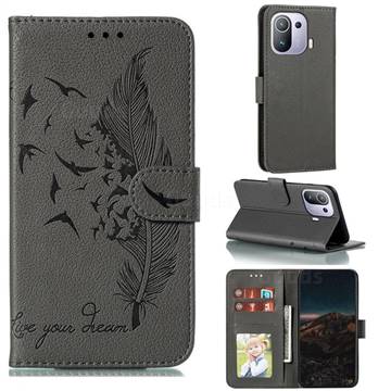 Intricate Embossing Lychee Feather Bird Leather Wallet Case for Xiaomi Mi 11 Pro - Gray
