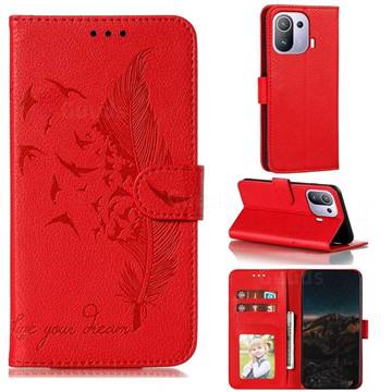 Intricate Embossing Lychee Feather Bird Leather Wallet Case for Xiaomi Mi 11 Pro - Red