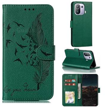 Intricate Embossing Lychee Feather Bird Leather Wallet Case for Xiaomi Mi 11 Pro - Green