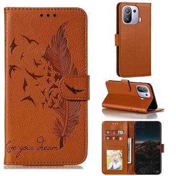Intricate Embossing Lychee Feather Bird Leather Wallet Case for Xiaomi Mi 11 Pro - Brown