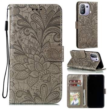 Intricate Embossing Lace Jasmine Flower Leather Wallet Case for Xiaomi Mi 11 Pro - Gray