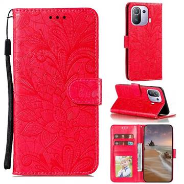 Intricate Embossing Lace Jasmine Flower Leather Wallet Case for Xiaomi Mi 11 Pro - Red