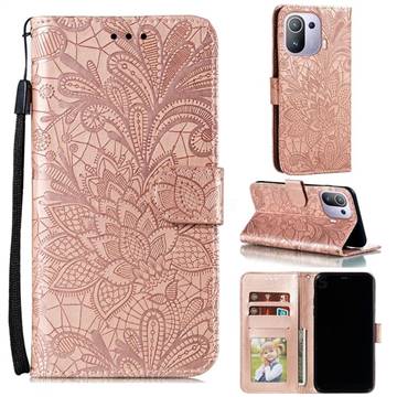 Intricate Embossing Lace Jasmine Flower Leather Wallet Case for Xiaomi Mi 11 Pro - Rose Gold