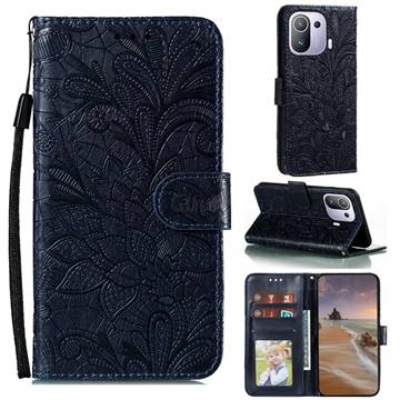 Intricate Embossing Lace Jasmine Flower Leather Wallet Case for Xiaomi Mi 11 Pro - Dark Blue