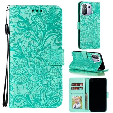 Intricate Embossing Lace Jasmine Flower Leather Wallet Case for Xiaomi Mi 11 Pro - Green