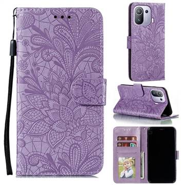 Intricate Embossing Lace Jasmine Flower Leather Wallet Case for Xiaomi Mi 11 Pro - Purple